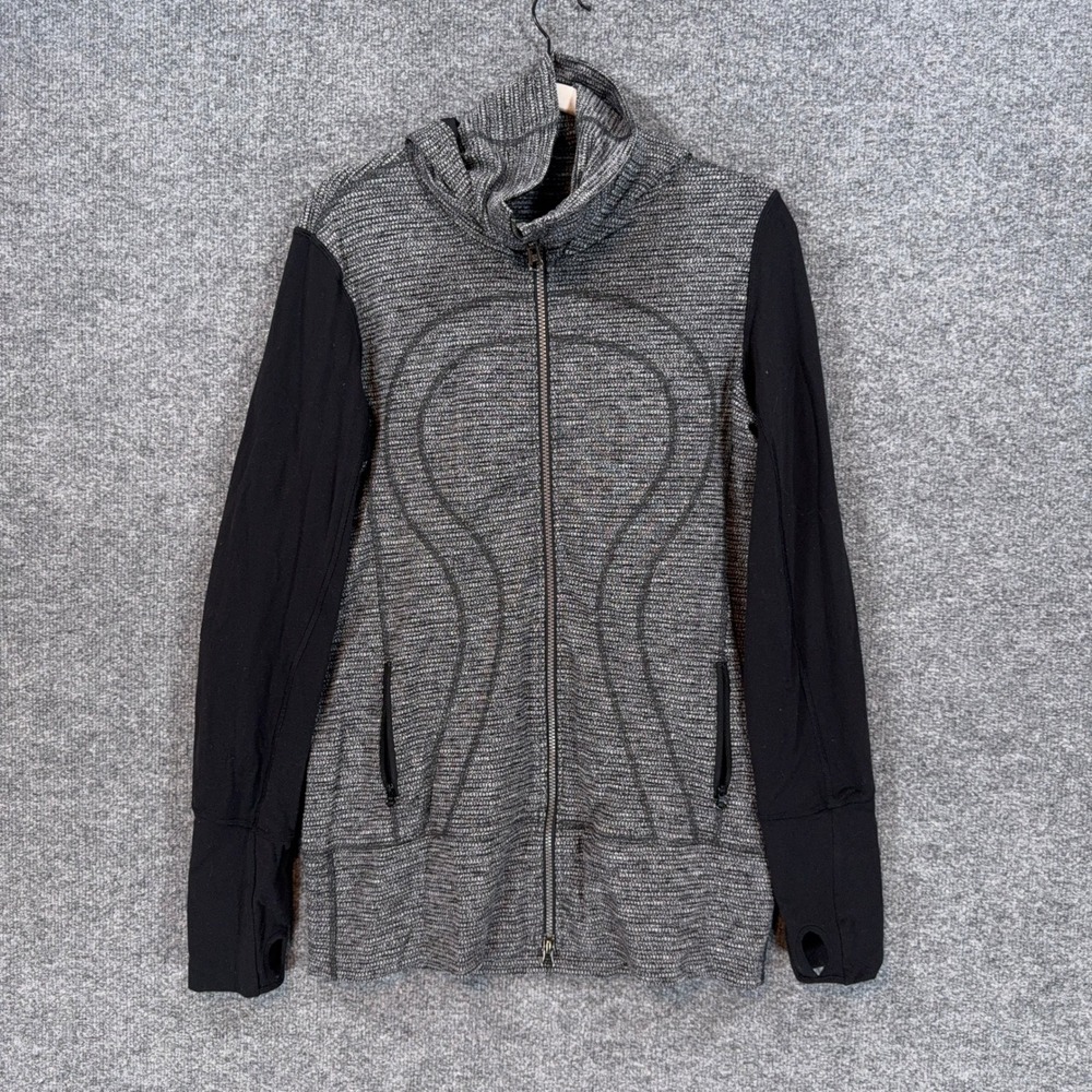 Lululemon Sweatshirt Women 10 Black Gray Scuba Textured Knit Full Zip Hoodie